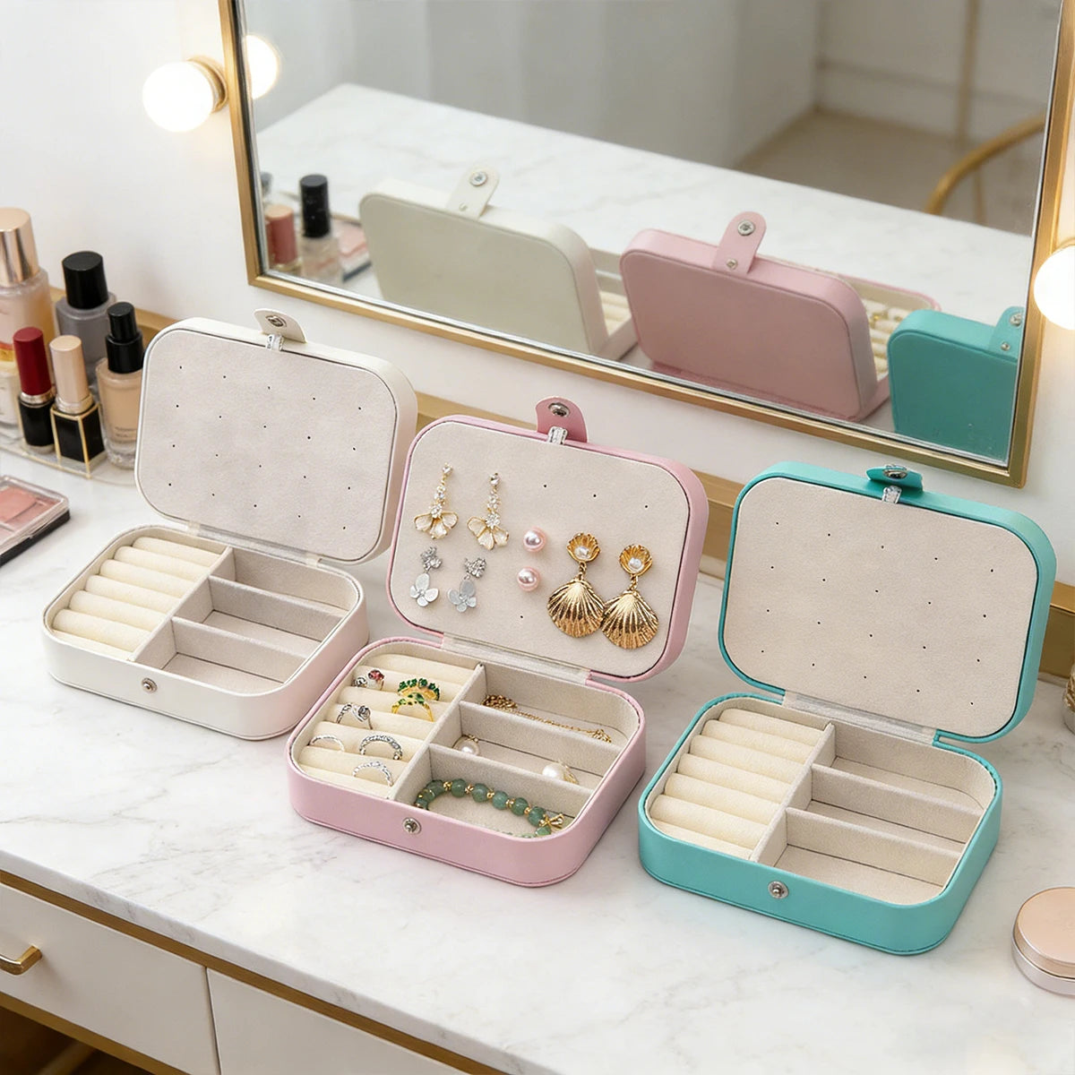 Portable Multi-Compartment Jewelry Box with Velvet Lining - Travel-Friendly Pink Jewelry Organizer for Accessories
