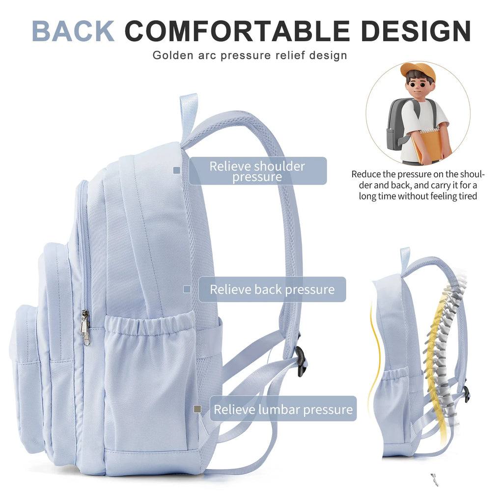 Sac à dos en nylon léger bleu, multi-poches, pour l'école et l'université