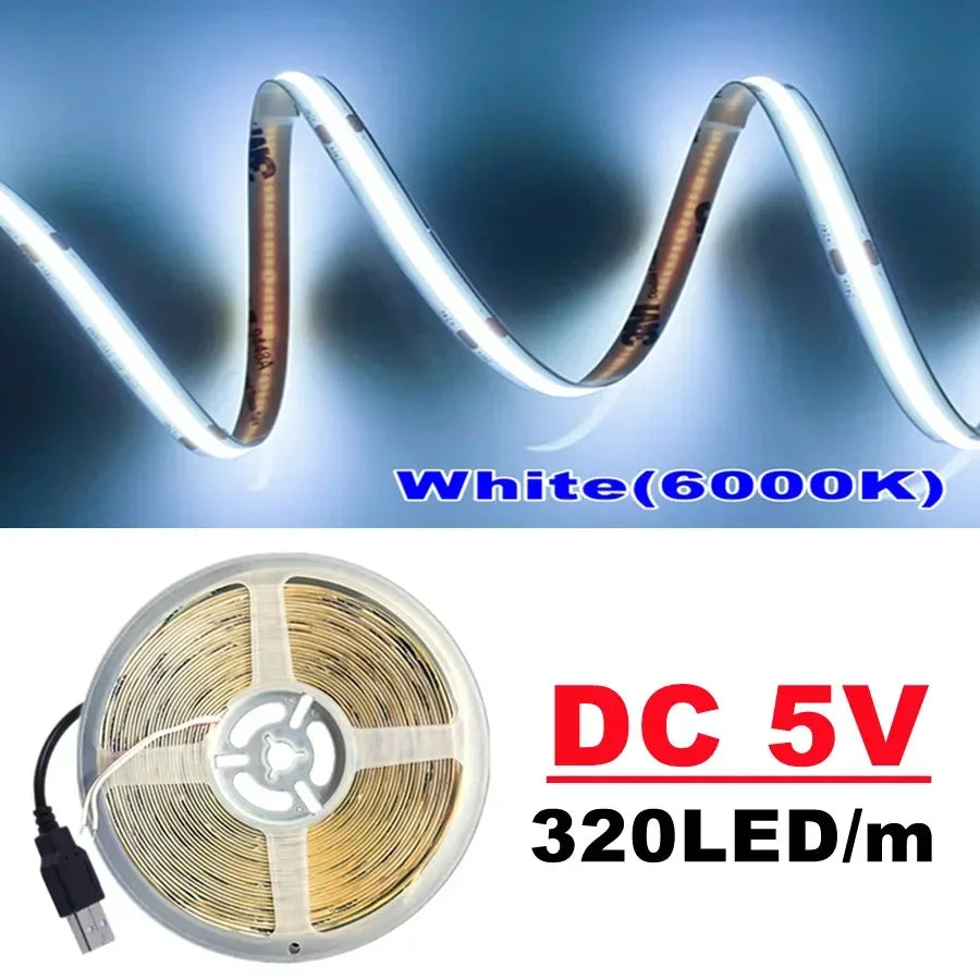 Striscia LED COB 5V 320 LED/m USB, 3000‑6000K, CRI >90, fino a 5 m