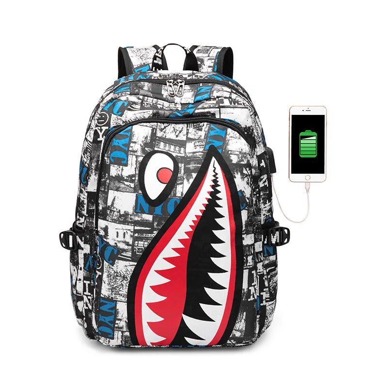 Sac à dos scolaire motif requin – 32×18×43 cm, léger et résistant