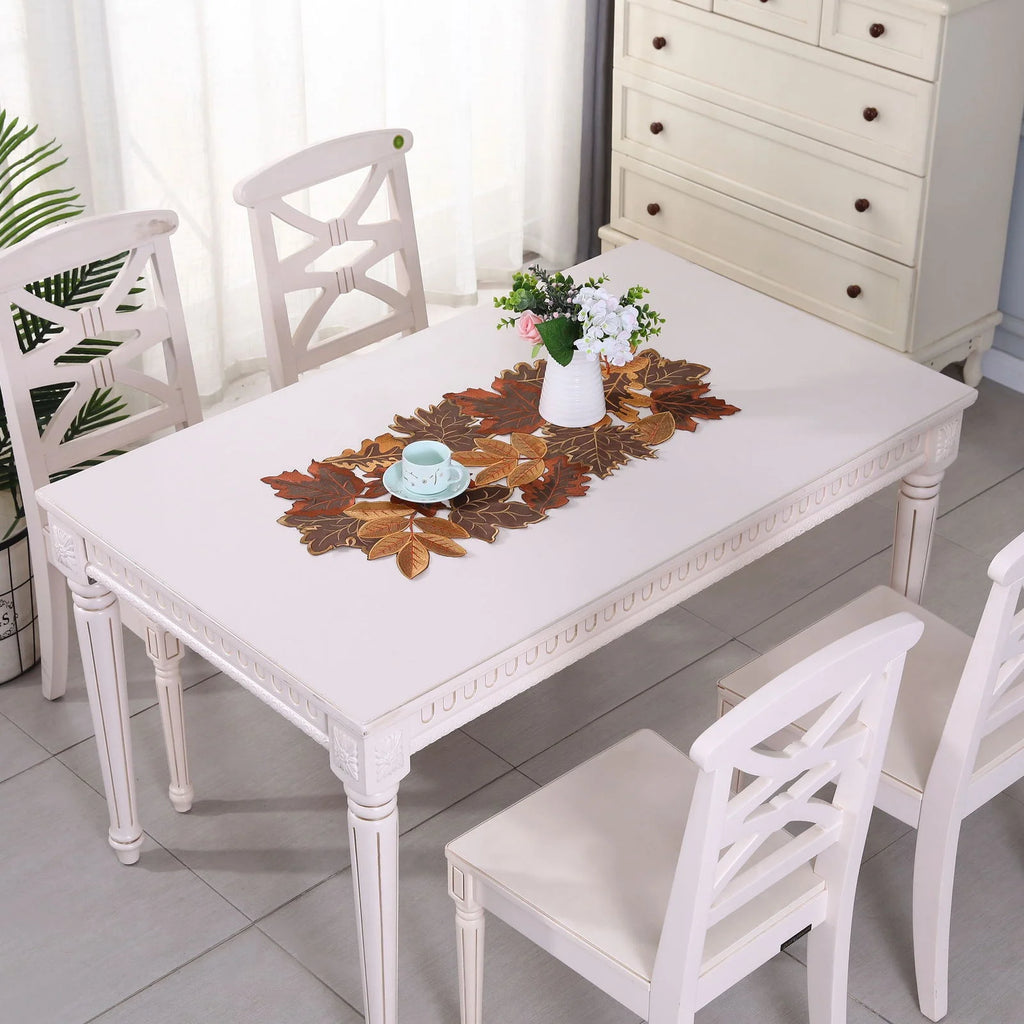 Runner da tavola ricamato foglia d'acero, marrone floccato, stile rustico