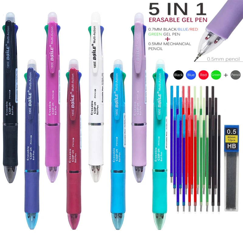 Penna gel cancellabile 5 in 1 multicolore con refill e matita automatica