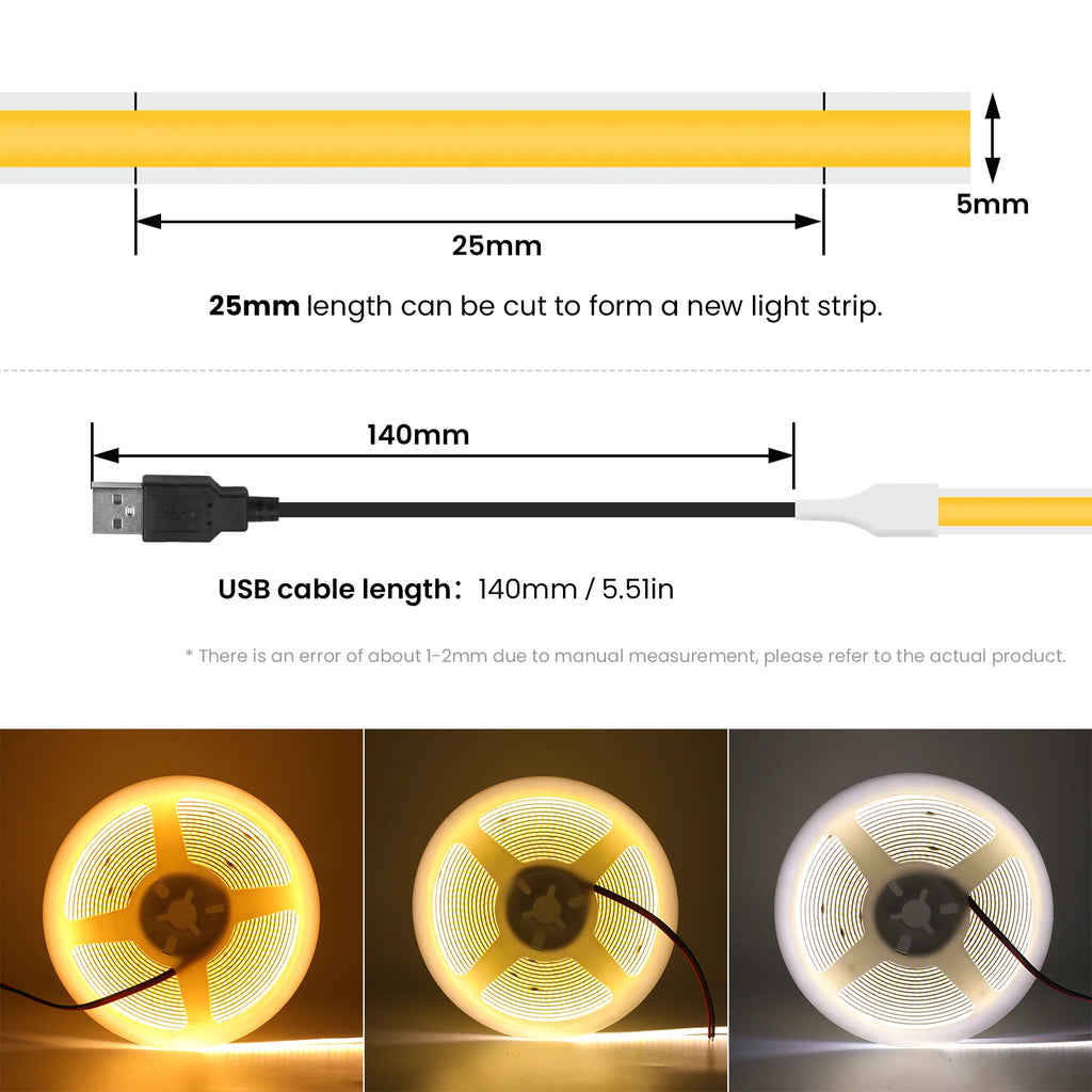 Striscia LED COB USB 5V 3/5/8 mm Multi‑colore per TV e decorazione