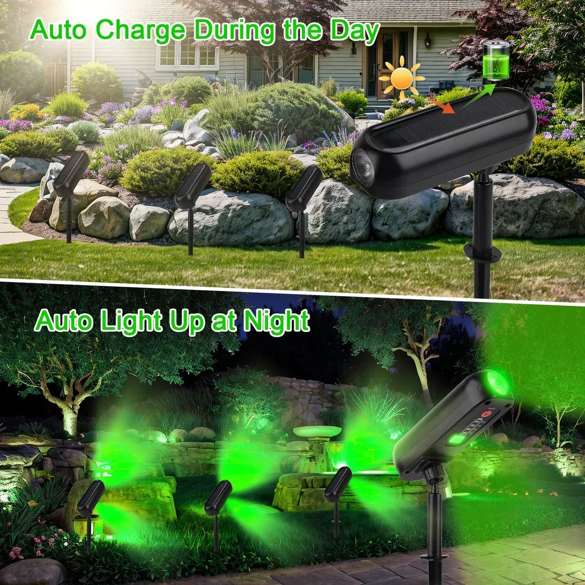 Spotlight solare 2‑in‑1 LED verde/calda IP65 per giardino e parete