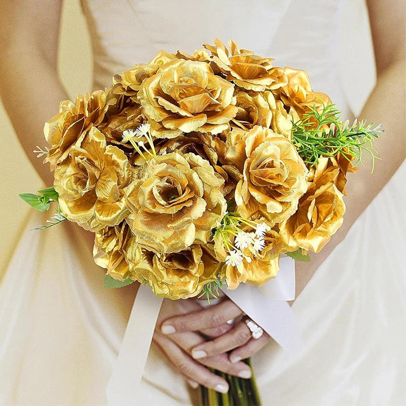 5/10/20Pcs 8cm Gold Blossom Silk Rose Artificial Flower Heads for Home Room Wedding Valentine's Day Decorations Fake Flowers