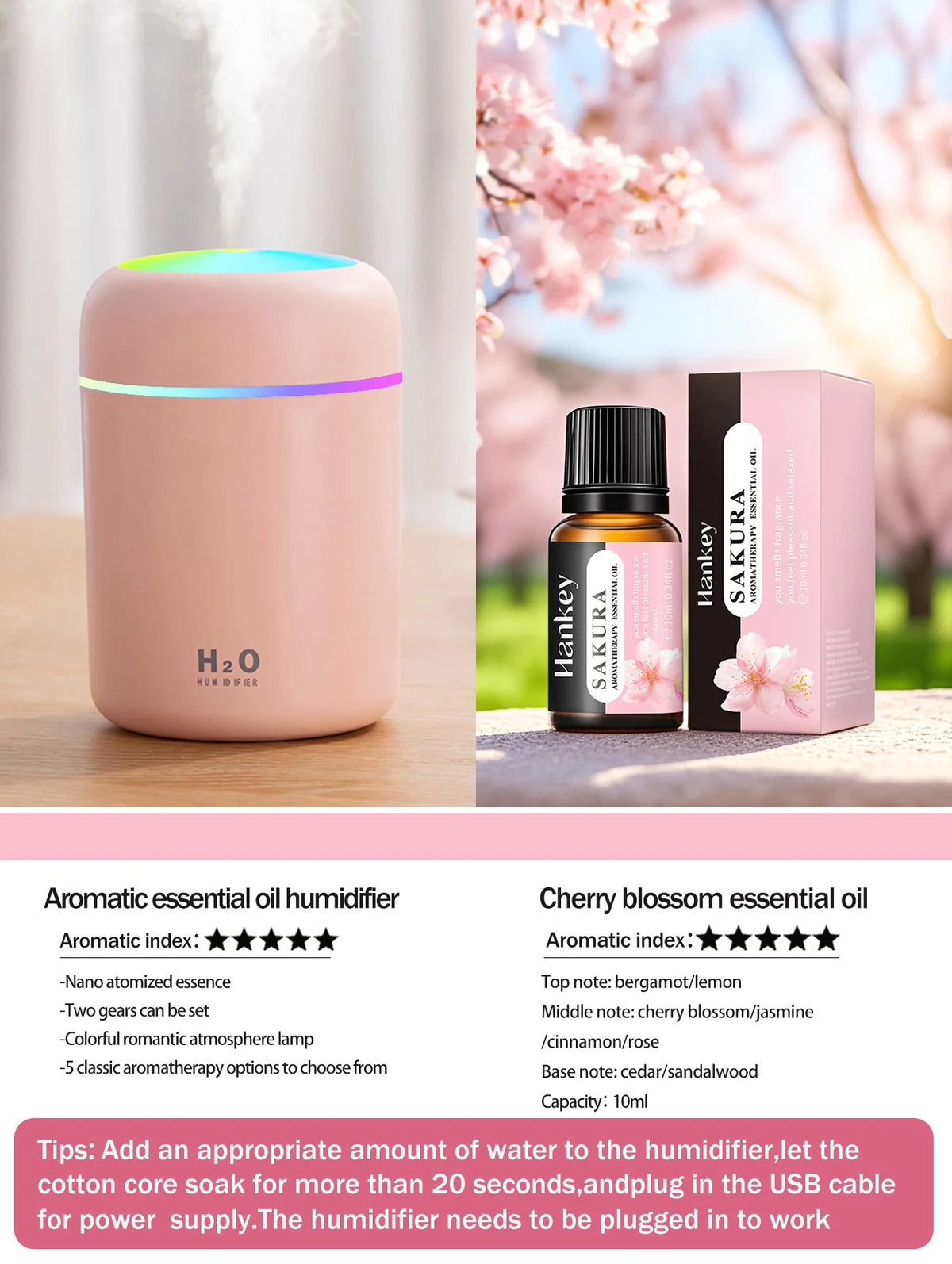 Diffusore Aromaterapico 300ml USB Luce a 7 Colori, Umidificatore per Casa e Auto