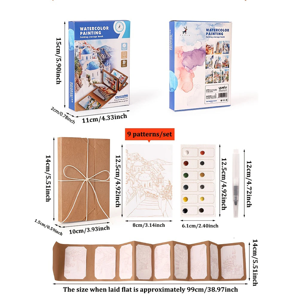 9 Sheets/Set Watercolor Painting Set, Thick Watercolor Folding Storage Book with a Pen, Holiday Birthday Gift, Party Gift