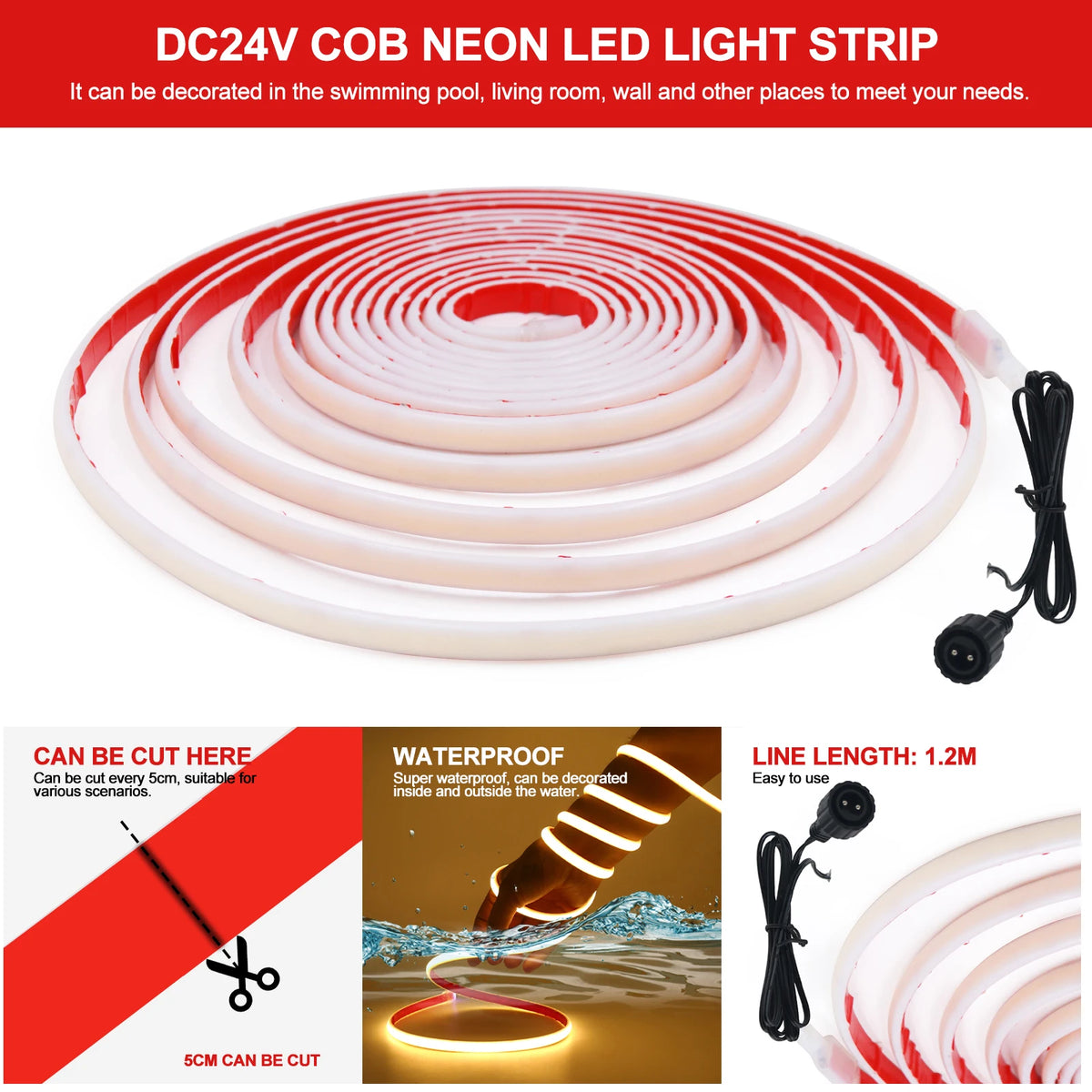 Striscia LED COB 24V impermeabile, colori multipli, energia solare