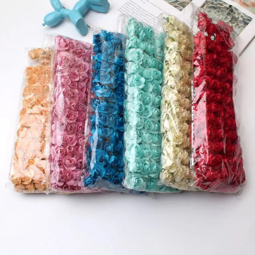 144PCS/lot 1.5cm Paper Rose Artificial Rose Flowers Hands For Wedding Decoration Scrapbooking Small Fake Flower Bouquet