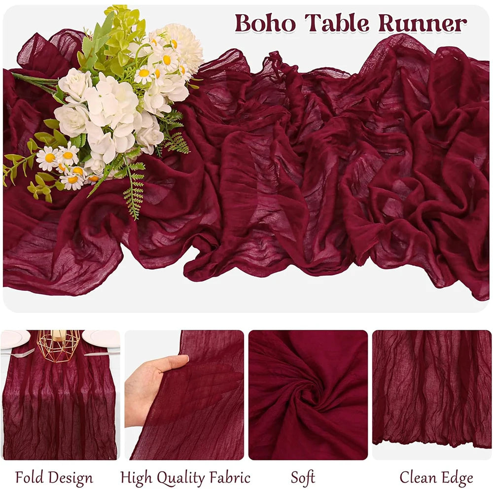 Runner da tavola borgogna in garza – Stile boho per matrimoni, shower e feste