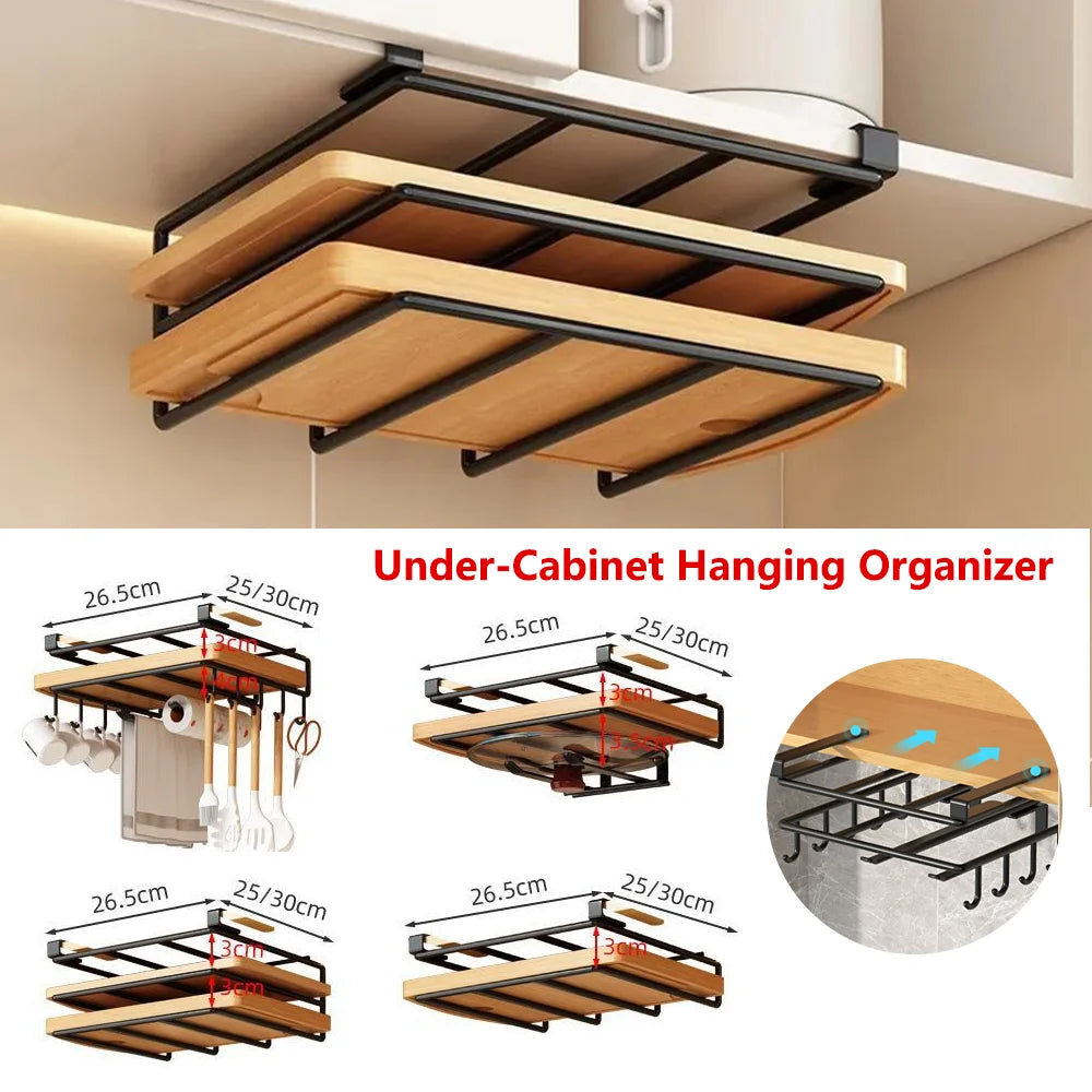 Organizer da cucina a sospensione con ganci – mensola per taglieri e coperchi