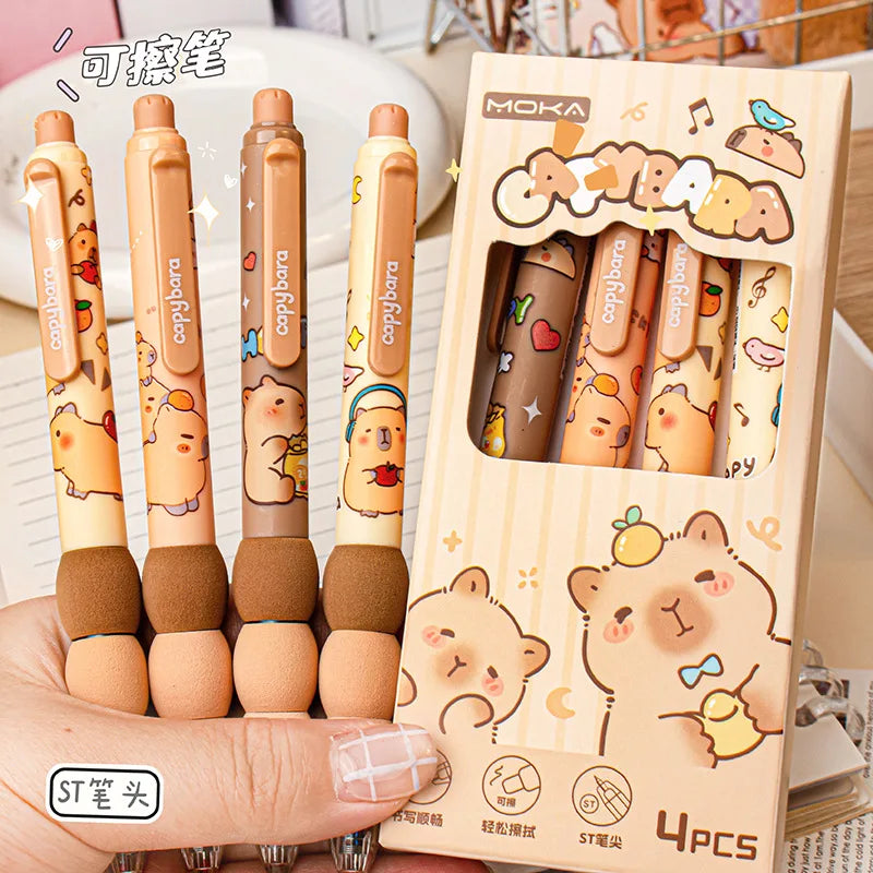 Penna gel cancellabile Capybara impugnatura morbida 4 pezzi, inchiostro glitter