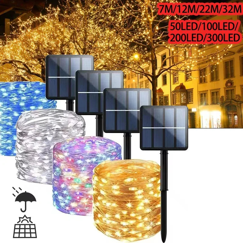 Catena luminosa solare esterna, 300 LED, 8 modalità, filo di rame flessibile