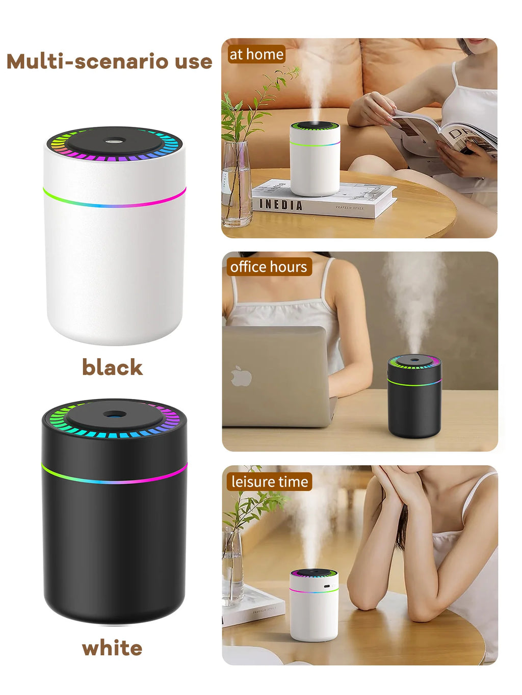 Diffusore Umidificatore 180 ml USB con LED 7 Colori e Aromaterapia