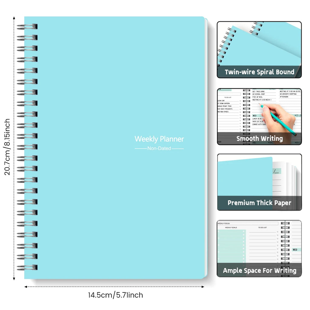 Spiral Undated A5 Weekly Notebook Planner Agenda, Ntationery Office School Supplies, Record Daily Plan to Achieve