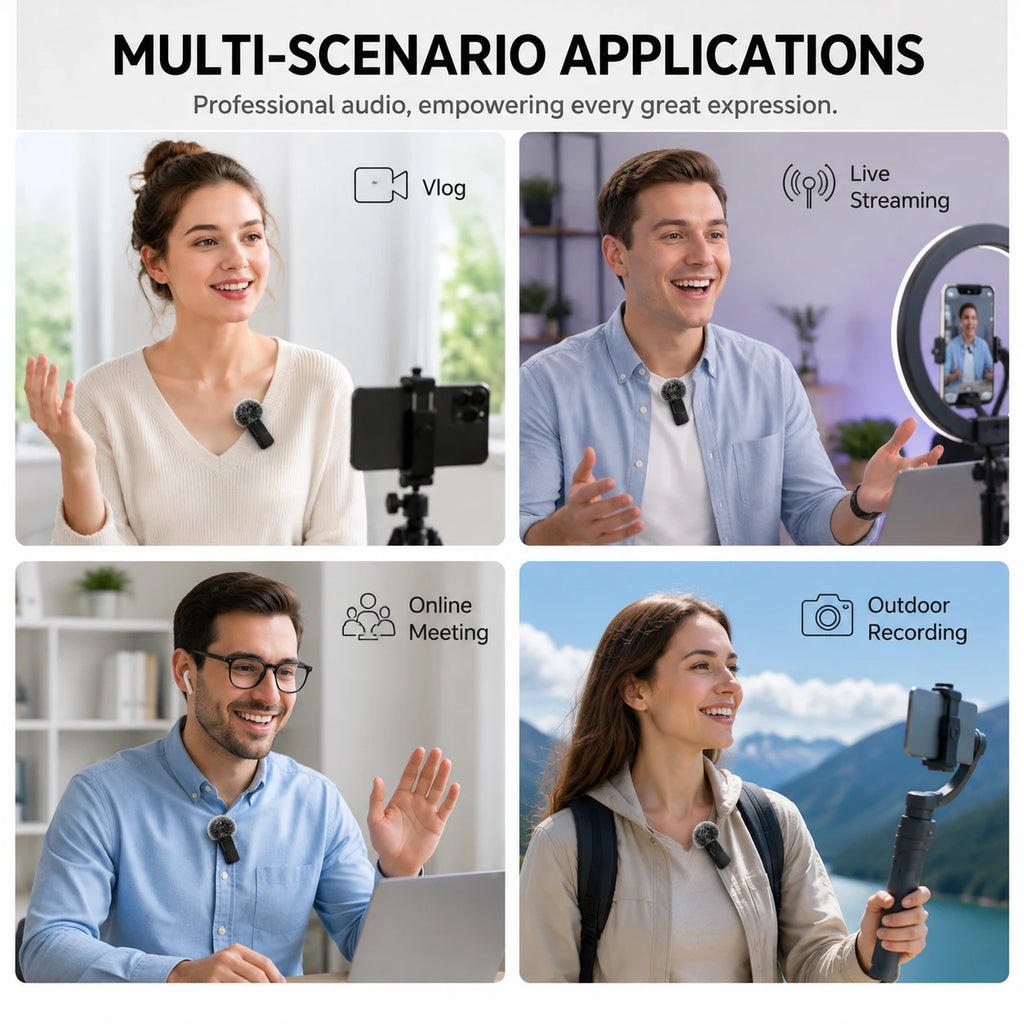 Wireless Mini Lavalier Clip Mic with Furry Windscreen, Dual‑Port Type‑C & Lightning Adapter for iPhone, Android, Tablets, Laptop