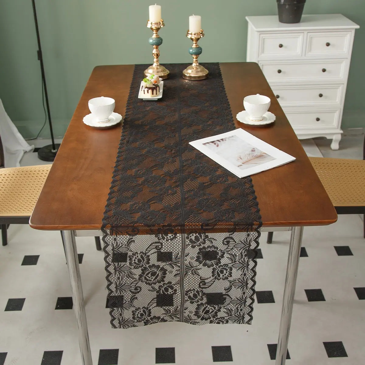 Rose Floral Lace Table Runner American Vintage Polyester Lace Cutout Table Runner for Dining Table Coffee Table