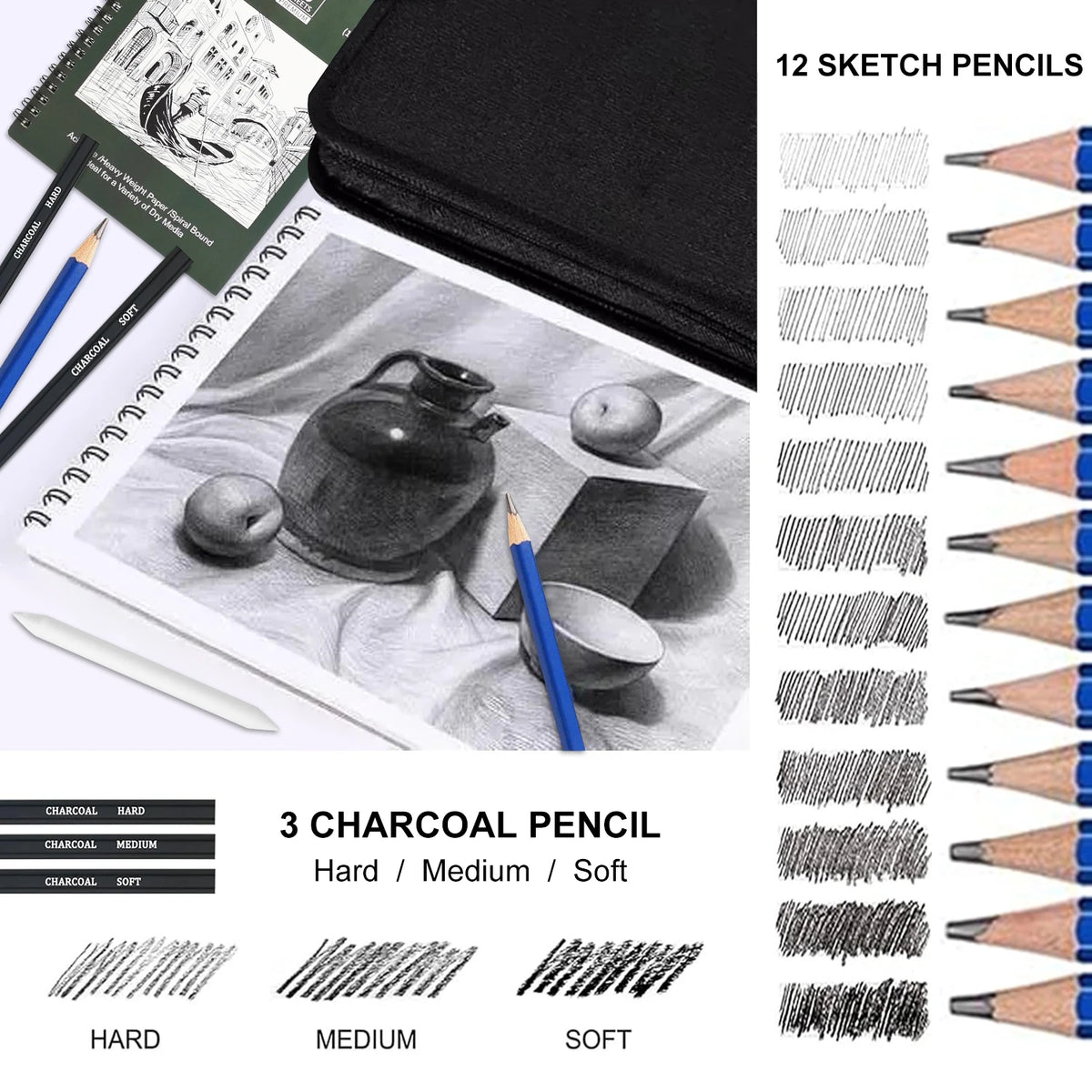 Set di disegno con matite grafite e carbone e quaderno a 3 colori per sfumare