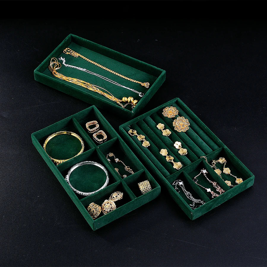 Jewelry Organizer Velvet Jewelry Storage Tray Display Ring Bracelet Necklace Storage Box Showcase Drawer Organizer Trays-Green