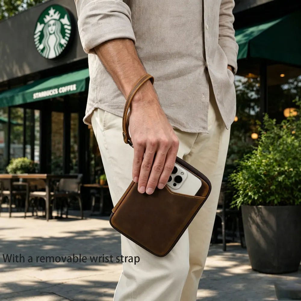 Portapenne in pelle autentica con 5 slot, scomparto A6 e tasca per smartphone