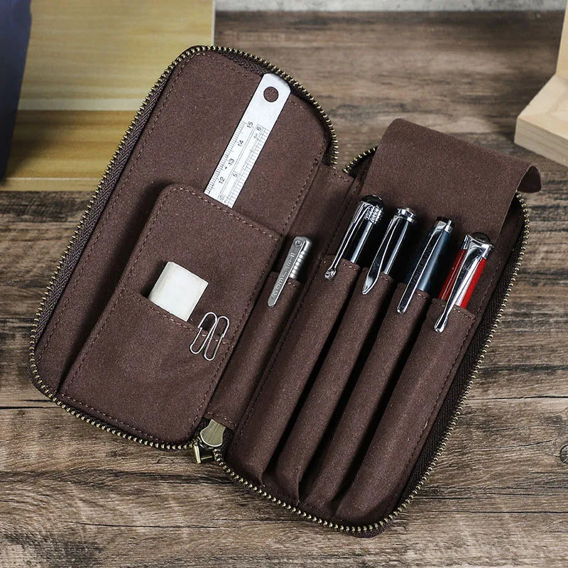 Porte-stylos en cuir véritable avec 4 compartiments, fermeture éclair, fait main