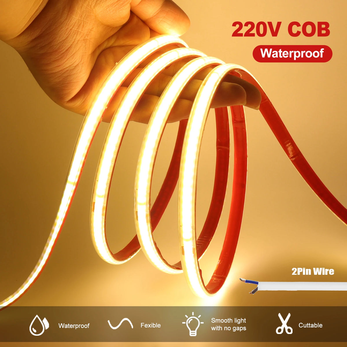 Striscia LED COB 220V 10 mm, 240 LED/m, IP65, 3‑6 kK, autocollante, tagliabile…