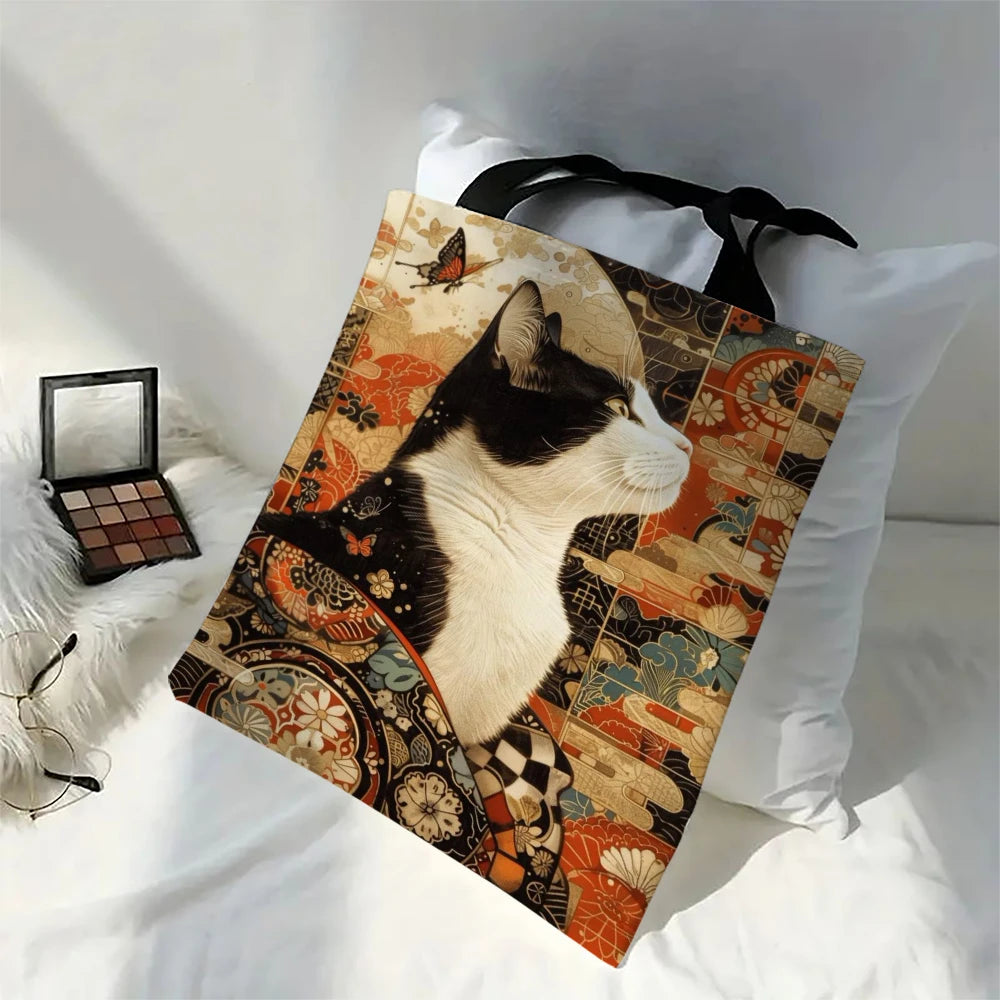 Borsa tote quadrata in lino bianco e nero con stampa gatto – shopper…