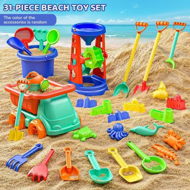Set da 31 Pezzi per Gioco sulla Sabbia – Secchielli, Palette, Stampo, Carrozzina