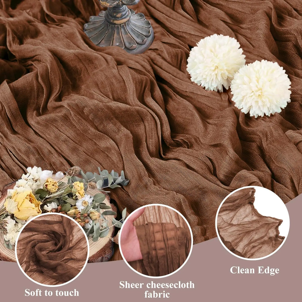 90x300cm Brown Cheesecloth Table Runners Boho Sheer Tablecloth for Wedding Shower Birthday Bridal Party Home Dinning Decoration