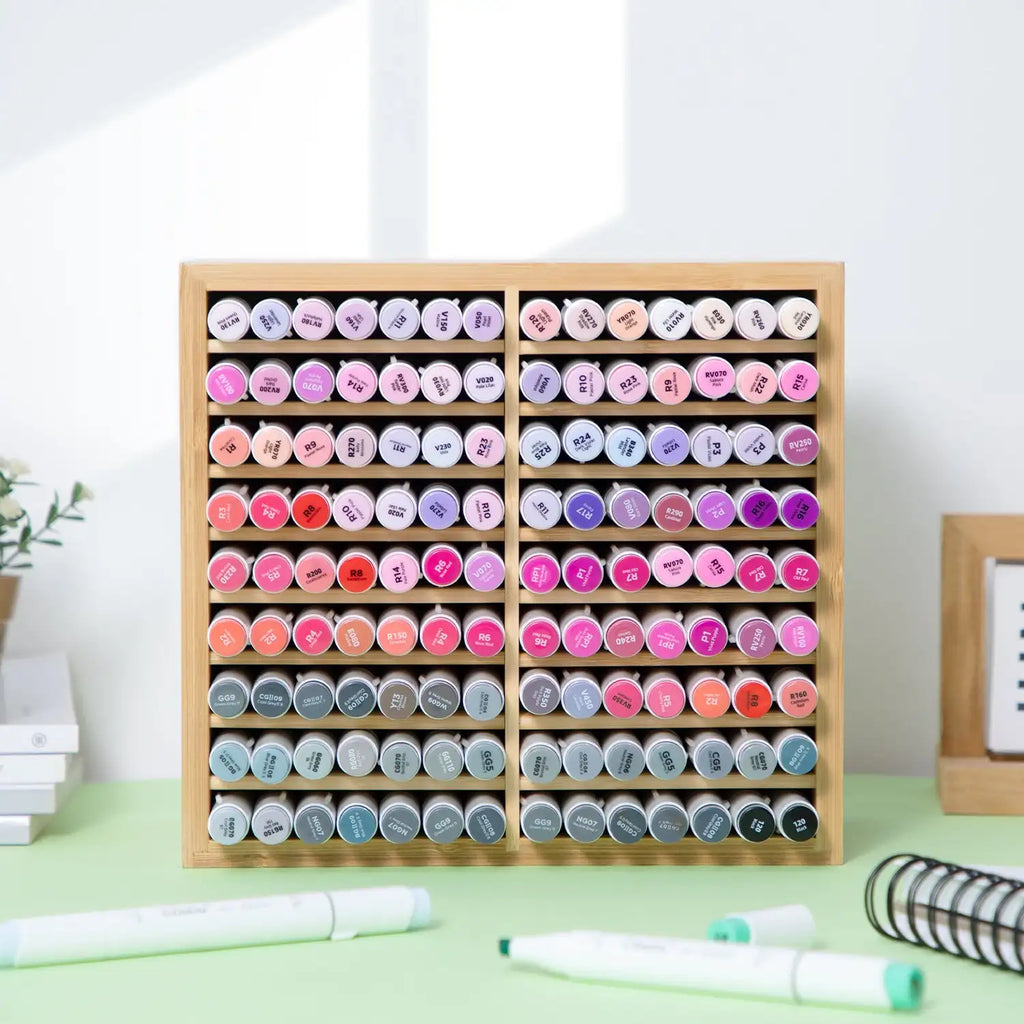 Ohuhu Bamboo Marker Organizer Wooden Desktop Storage Hold 126 Markers Pens Pencils Art Brushes Stationary Organizer Pen Holder