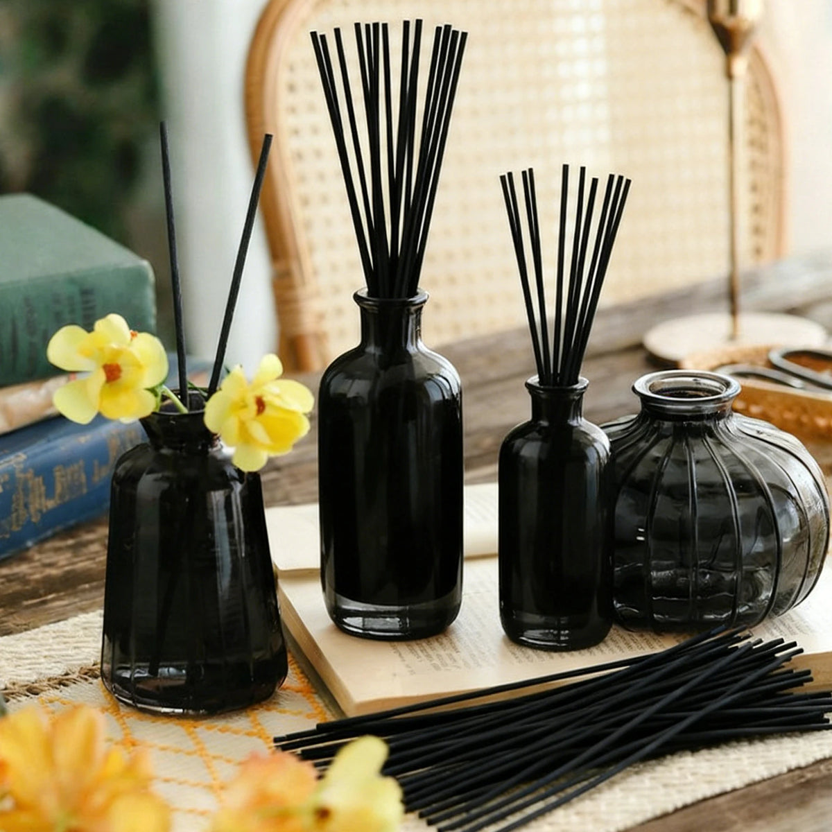 50pcs L50/60/70cm Black Fiber Rattan Sticks for Reed Diffuser Aroma Essential Oil Air Freshener Decorative Home Fragrance Sticks