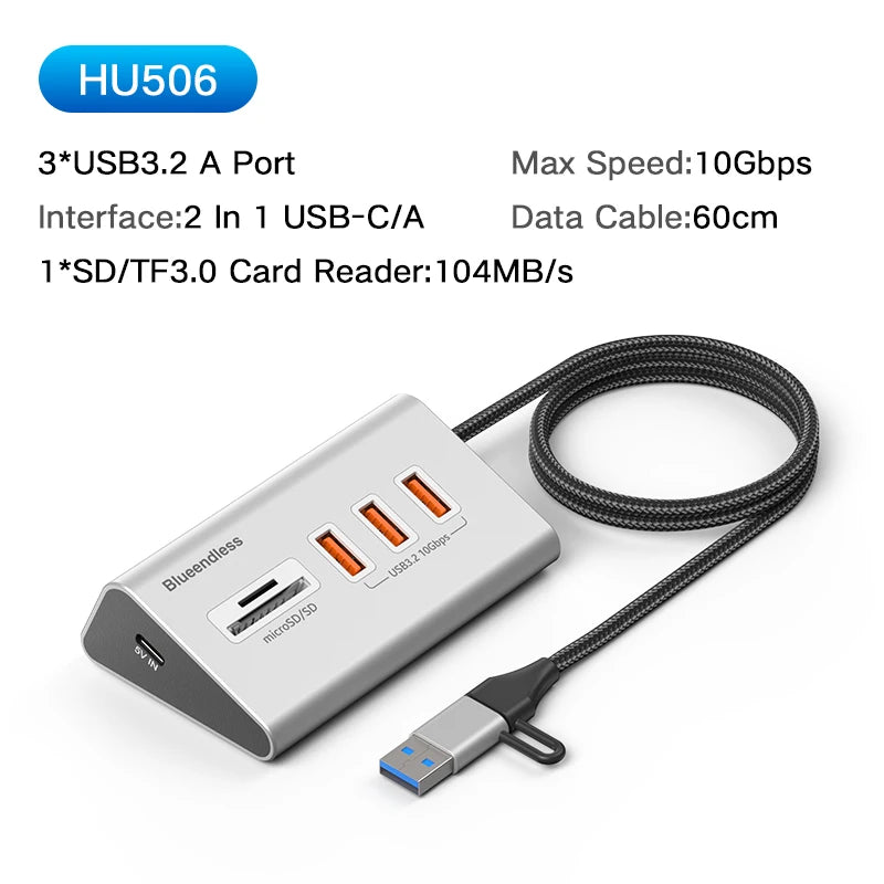 Hub docking USB‑C 10 Gbps 4/10 porte alluminio con lettore SD/TF