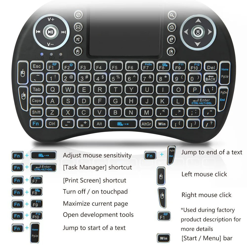 Tastiera mini wireless retroilluminata con touchpad e supporto multilingua