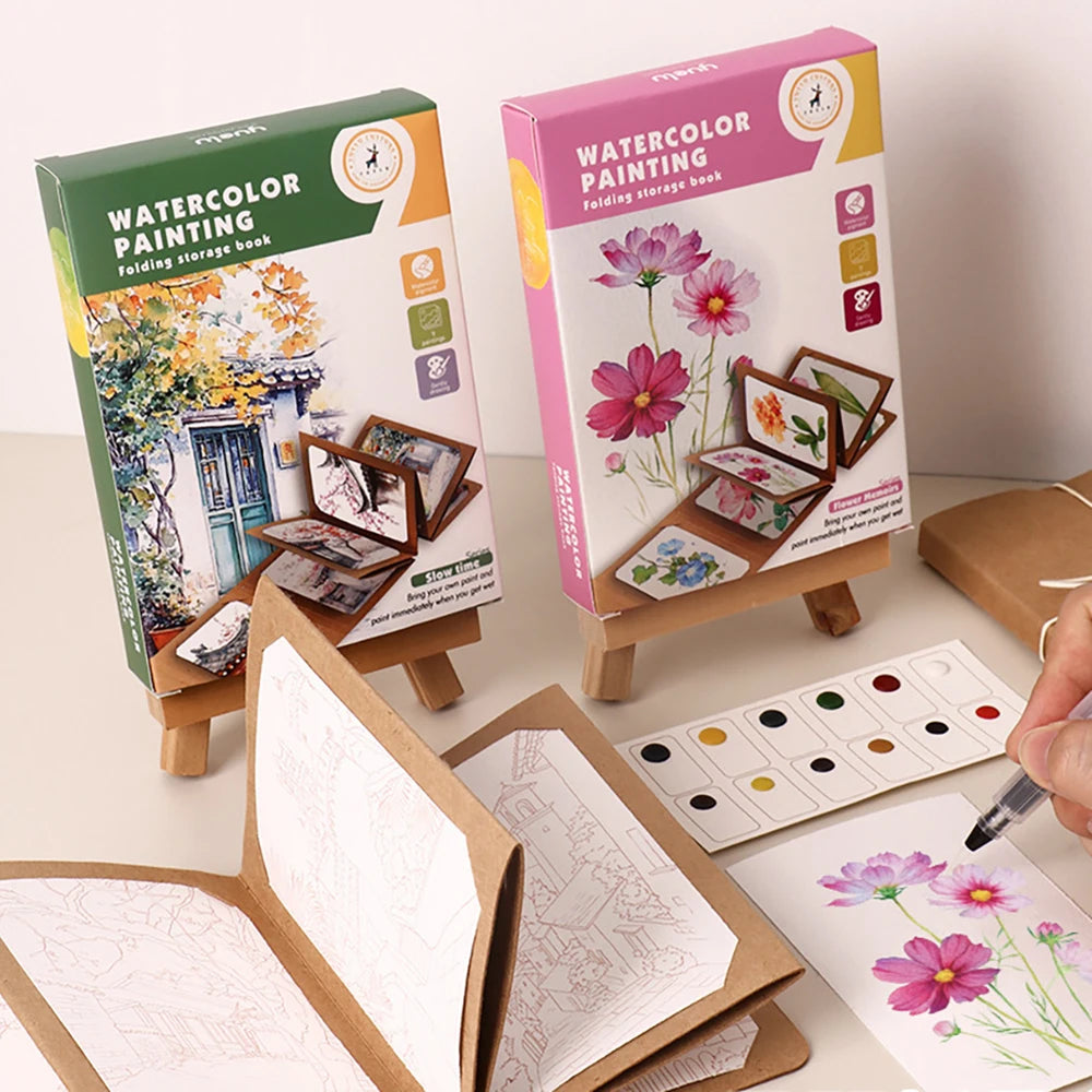 9 Sheets/Set Watercolor Painting Set, Thick Watercolor Folding Storage Book with a Pen, Holiday Birthday Gift, Party Gift