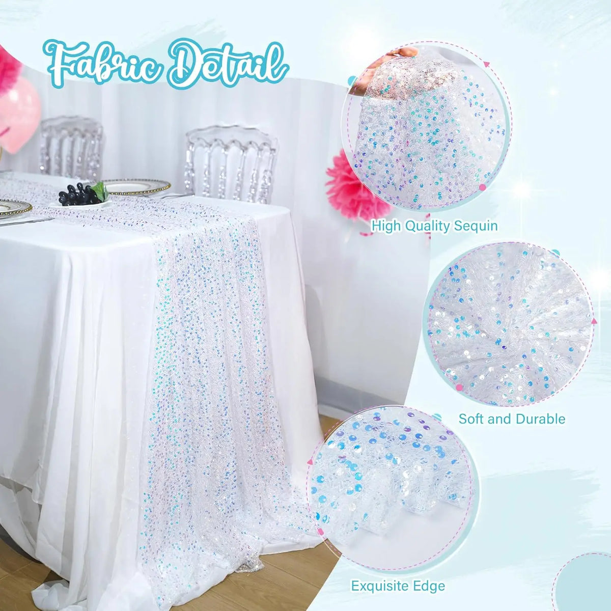 Glitter Iridescent Sequin Table Runner,Soft Wedding Dining Table Decoration For Bridal Baby Shower Girl Birthday Wedding Party