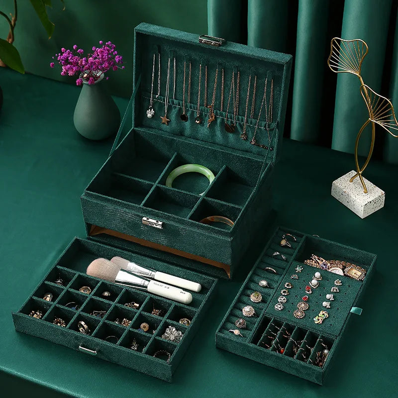 New Vintage Style Green Velvet Jewelry Box Double Lock Storage Box Necklace Earrings and Rings Jewelry Box Large Capacity