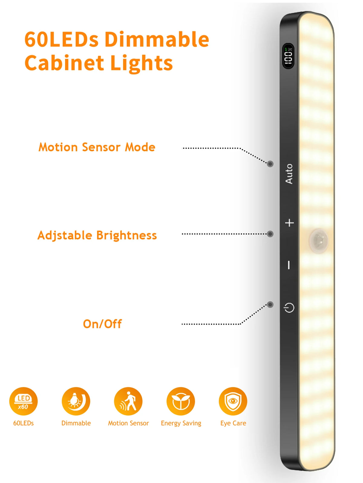 WILLED Motion Sensor Cabinet Warm Light Battery Display 60 LED Touch Light Bar Wireless Rechargeable Battery Night Light