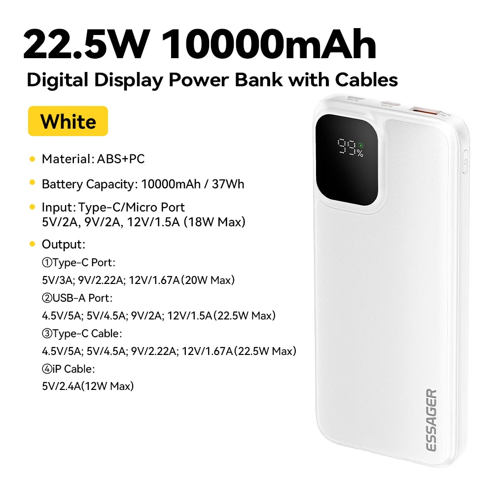 Power Bank Portatile 20000mAh Ricarica Rapida PD 22.5W con Cavi Integrati