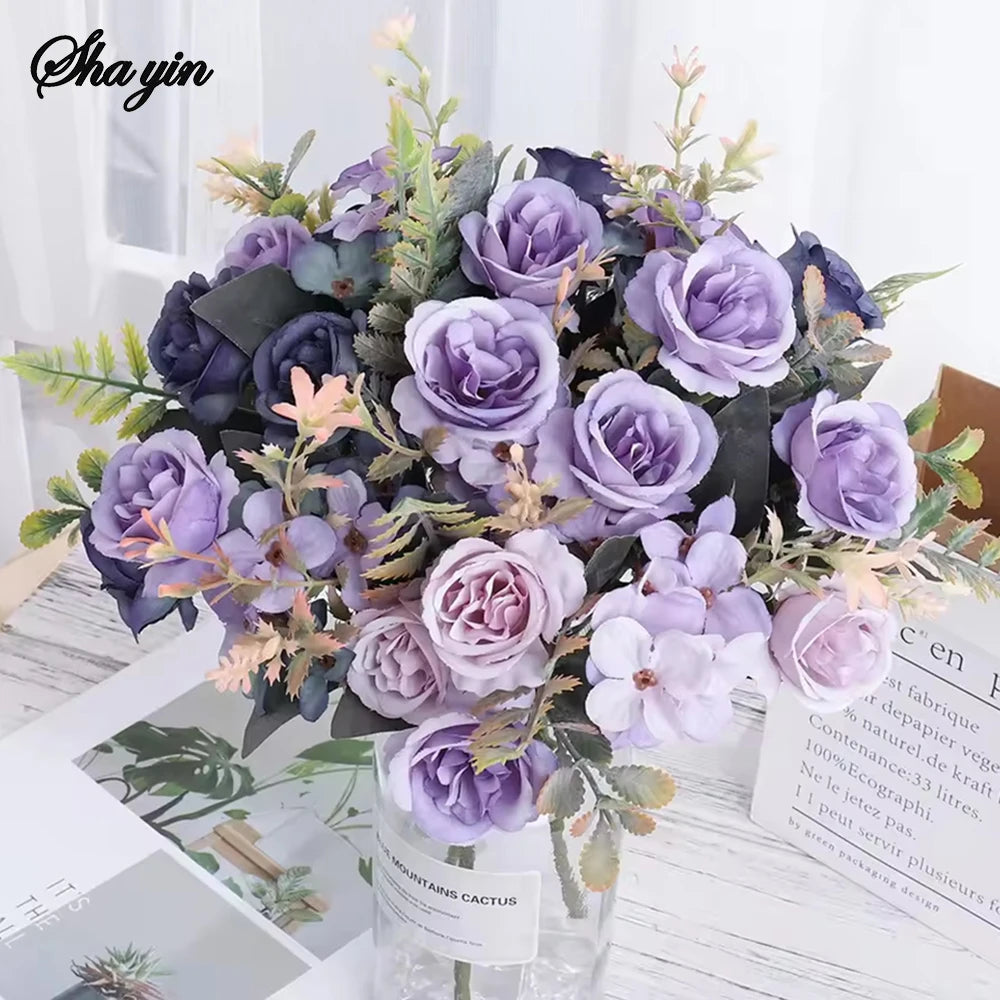 Home Decor Roses Autumn Artificial Flowers Silk Peony Hydrangea Big Bride Bouquet Wedding Home Party DIY Decoration Fake Flowers