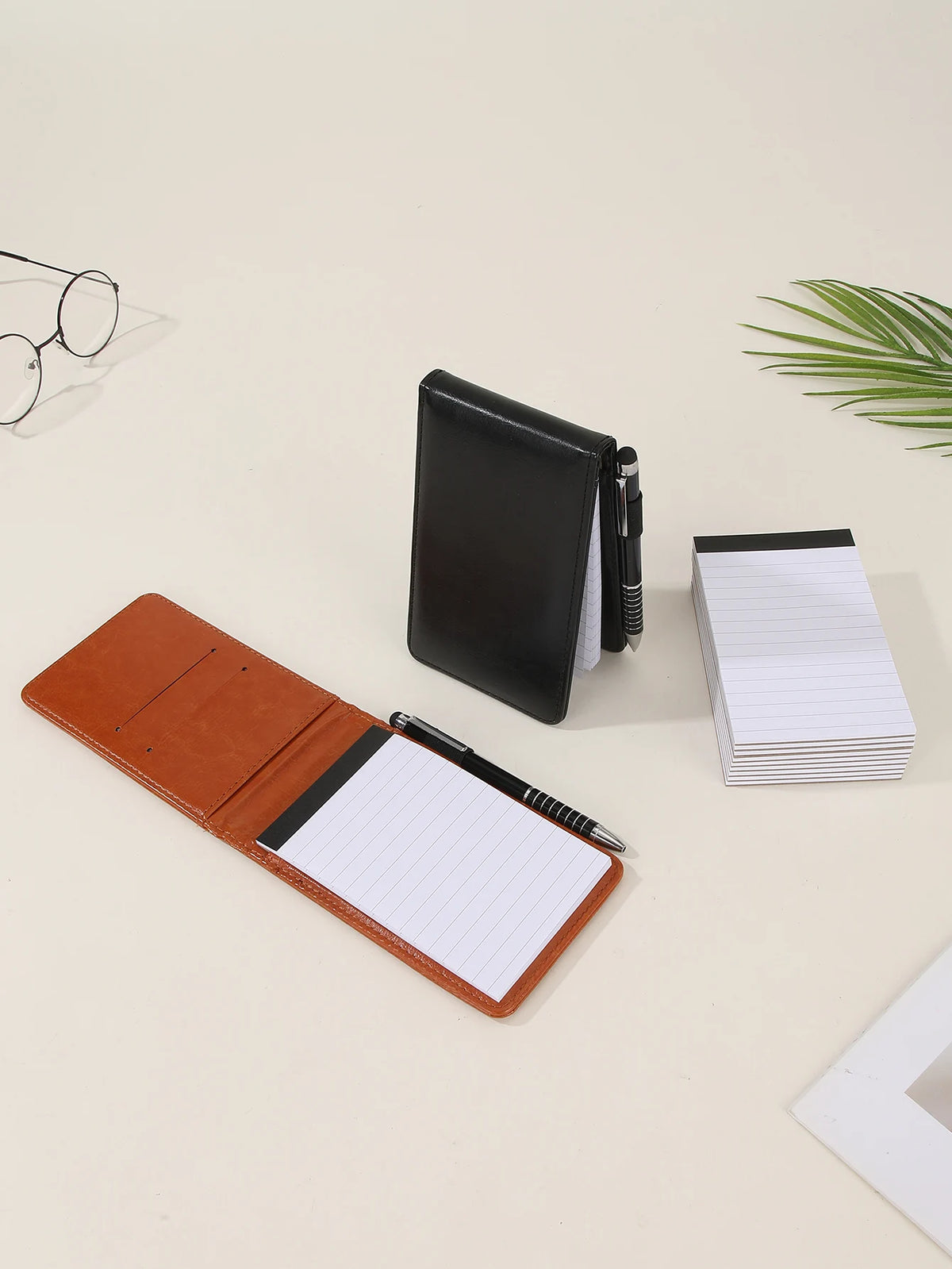 Mini Pocket Portable Notepad, Strap-On Pen Holder Meeting Notebook, Pu Leather Hard Cover Waterproof Notebook with Lined Pages, Diary, Work Office Meeting Notes Notebook, Accounting, Memo Notebook Ballpoint Pen Set