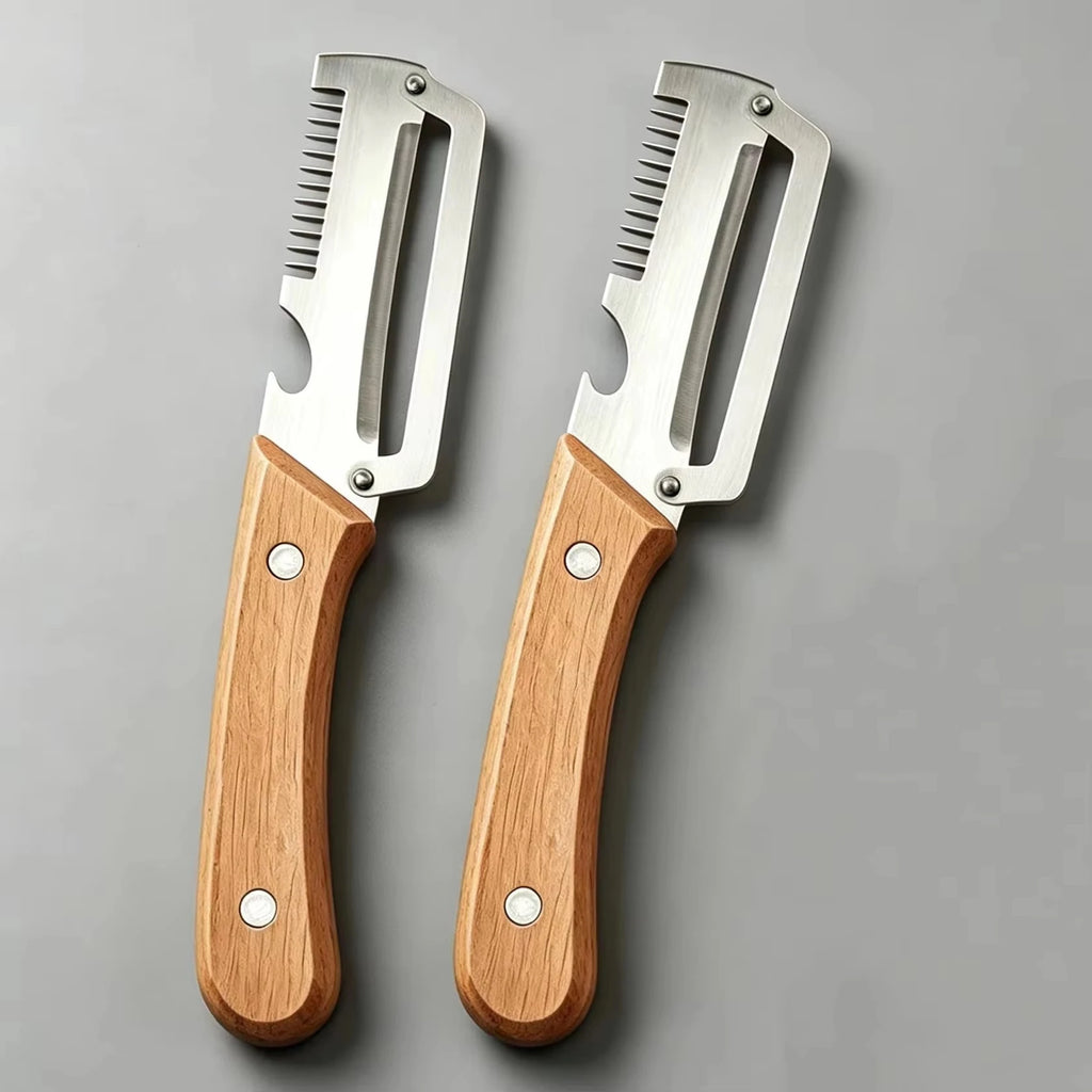 Slicer in acciaio inox con manico rovere – taglio, sbucciatura e apribottiglie