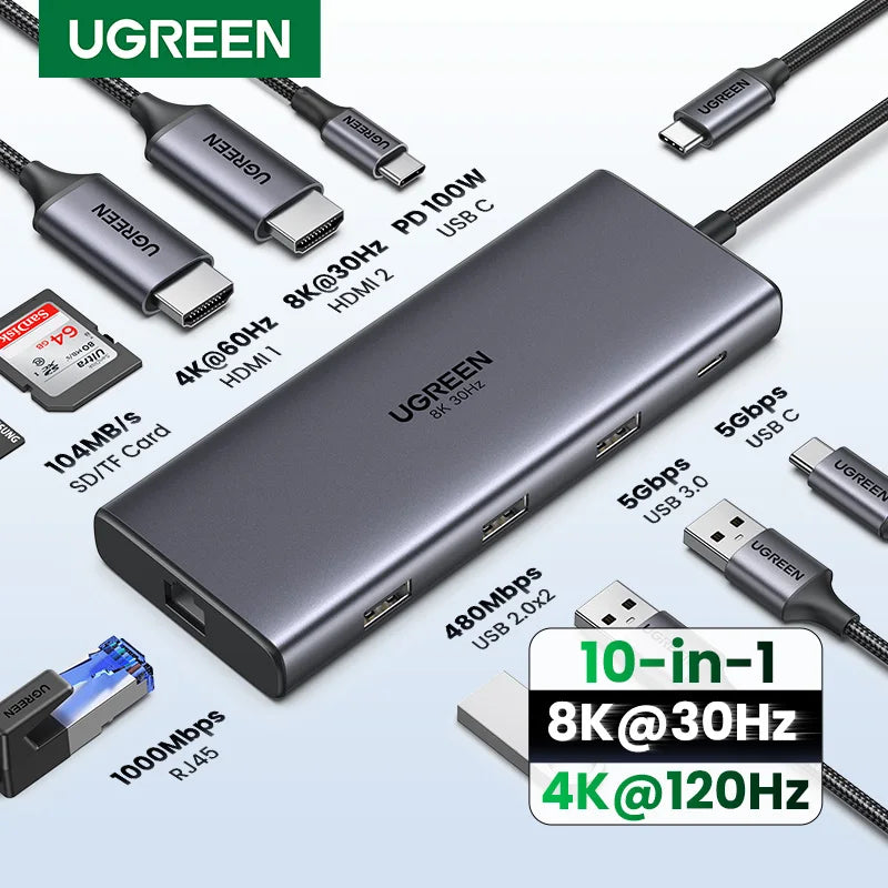 Docking Station USB‑C 10 in 1 con doppio HDMI 8K/4K, RJ45, PD 100 W