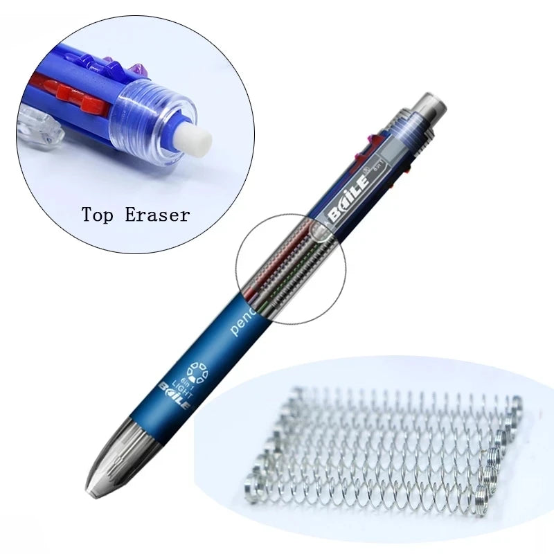 Set 6 in 1 Penna a sfera multicolore + matita meccanica con gomma, 5 colori