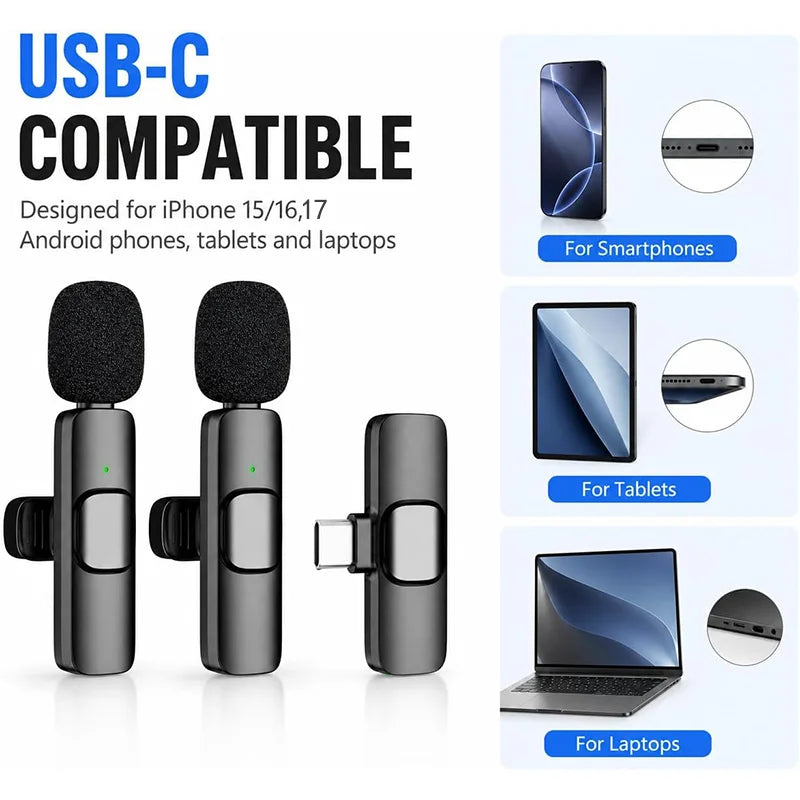 Wireless Lavalier Microphone For iPhone 15/16/17 Series Android Devices Noise Cancelling Mini Lapel Microphone for Vlogging Mic