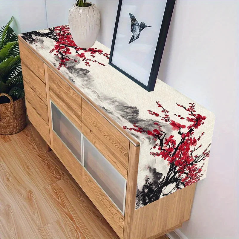 Runner da tavola in lino con stampa fiori di ciliegio e montagna d'acqua