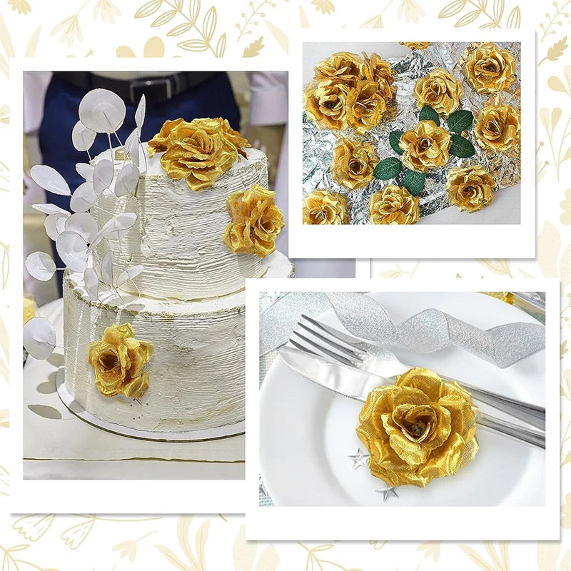 5/10/20Pcs 8cm Gold Blossom Silk Rose Artificial Flower Heads for Home Room Wedding Valentine's Day Decorations Fake Flowers