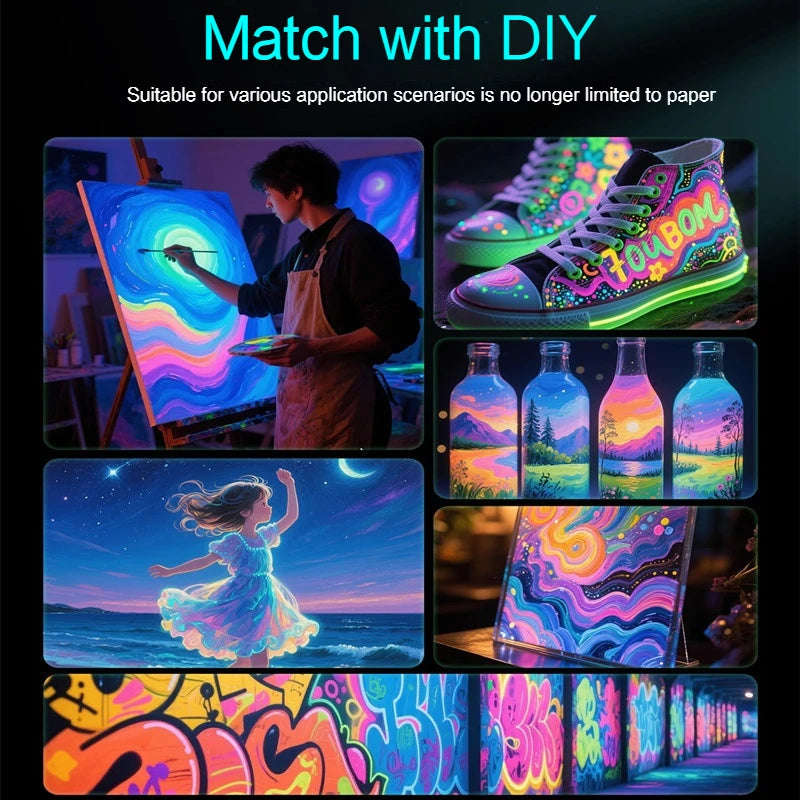 Borrence 20/60ml Fluorescent Pigment Long-Lasting Luminous Paint Glow In Dark Acrylic Paints Artwork DIY Festival Party Supplies