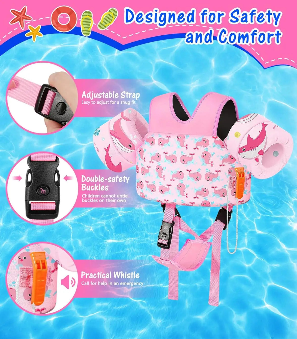MoKo Toddler Swim Vest for Kids Swim Arm Floaties 15-30 lbs Cartoon Swimming Water Wings with Crotch Strap Pool Float Vests