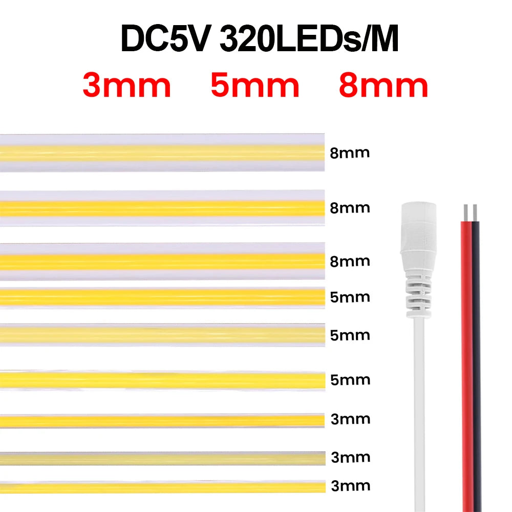 Striscia LED COB flessibile 320 LED/m 5V/12V, 3000‑6000K, 3‑8 mm