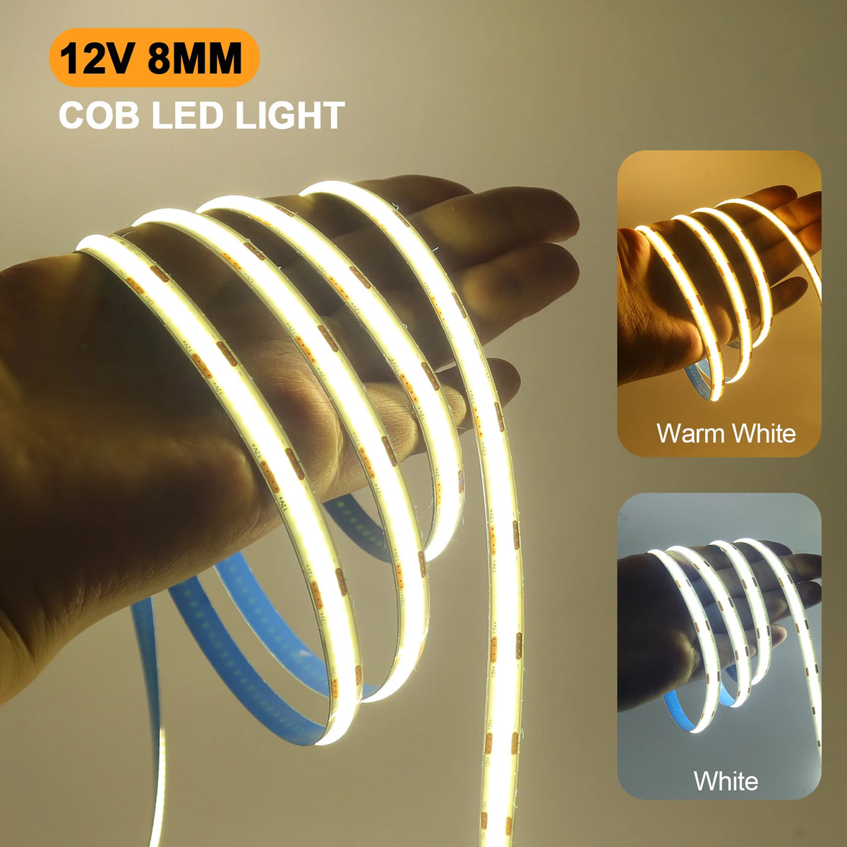Striscia LED COB 12V flessibile 3/5/8 mm – 0,5‑5 m, 9 colori, alta resa…